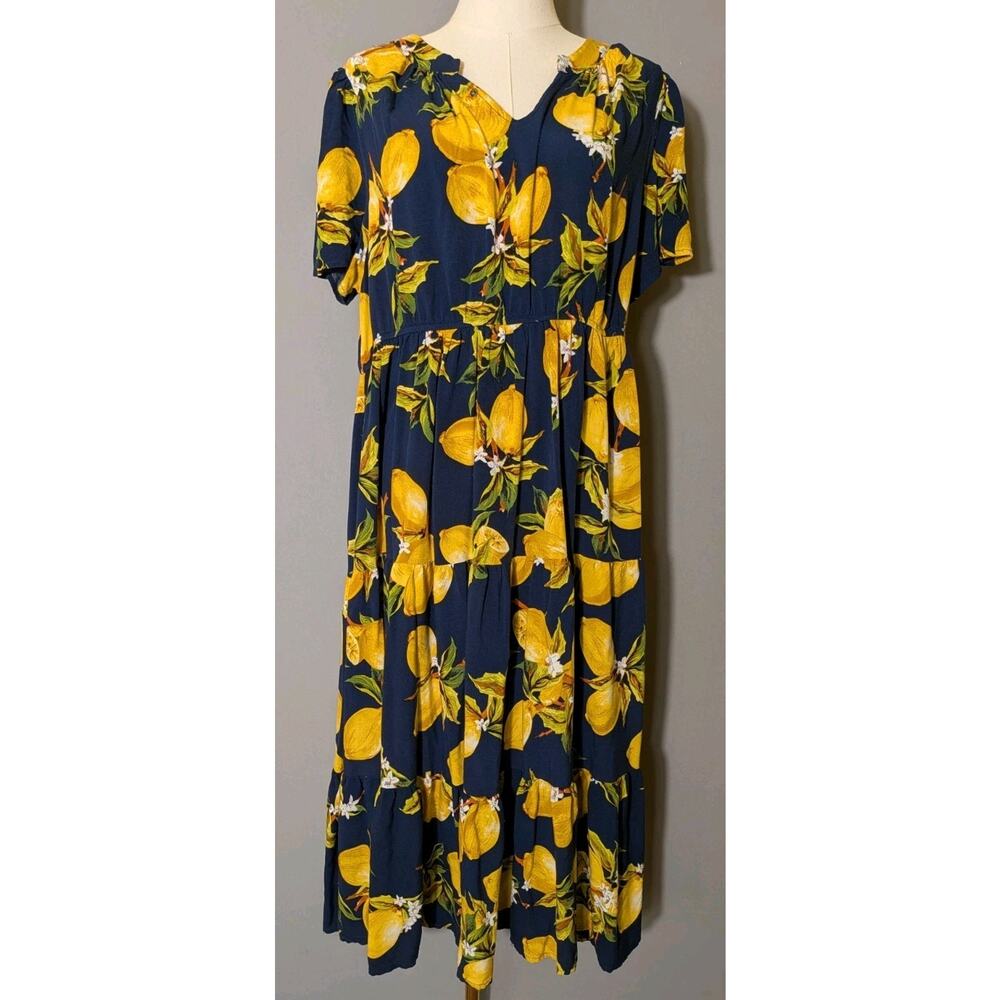 Lemon Print Midi Dress XL Blue Yellow Citrus Tiered Short Sleeve Beach Vacation
